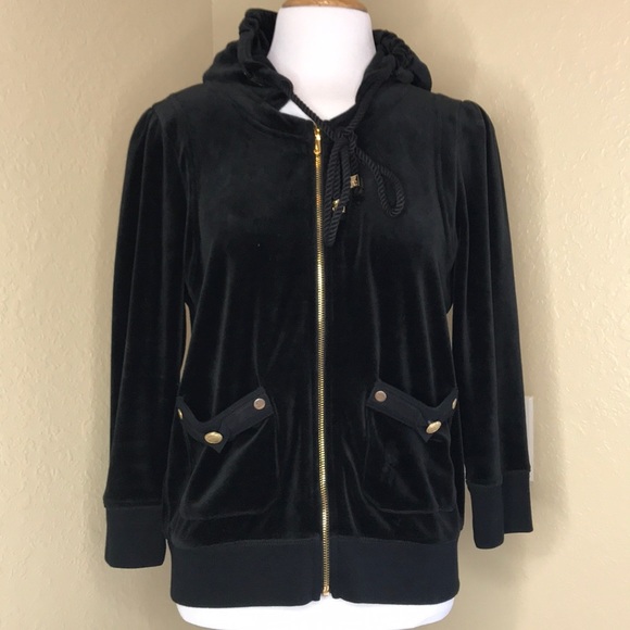 Juicy Couture Tops - JUICY COUTURE Black Velvet Gold Stitched Hoodie XL